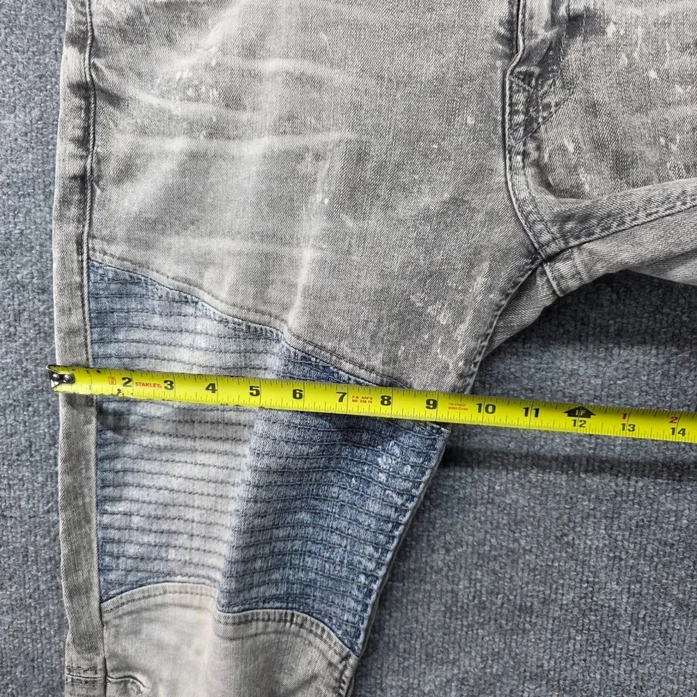 True Religion Mens Moto Grey Acid Wash Slim Biker Jeans Paint Splatter Size 33
